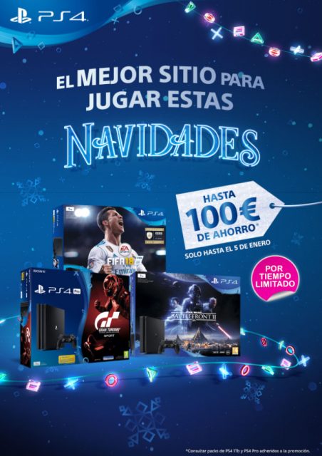 PlayStation lanza una nueva oleada de ofertas navideñas. A partir de hoy podrán adquirirse todos los packs de consola PlayStation 4 1TB con 50€ de descuento. La compañía pondrá también más de 800 títulos en promoción dentro de PlayStation Store.