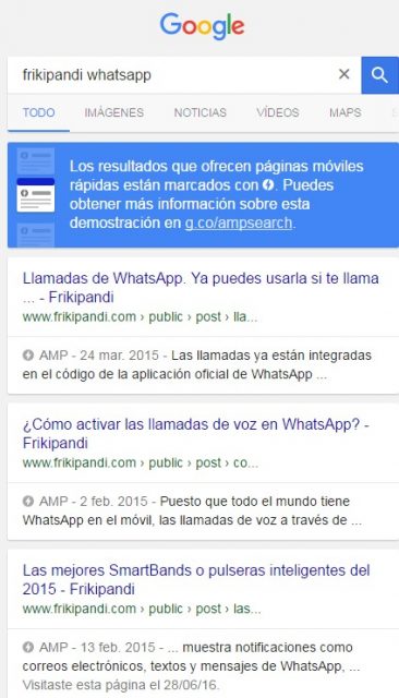 Tercer boletín informativo de Accelerated Mobile Pages (AMP). Busqueda amp whatsapp Frikipandi