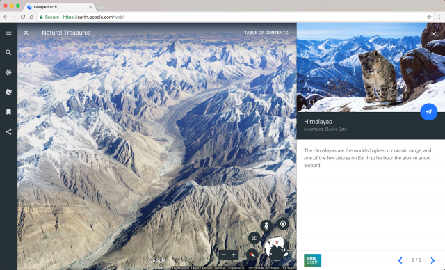 Google presenta el nuevo Google Earth. Día Mundial de la Tierra. Camina junto al leopardo de nieve en la guía Natural Treasures de la BBC.