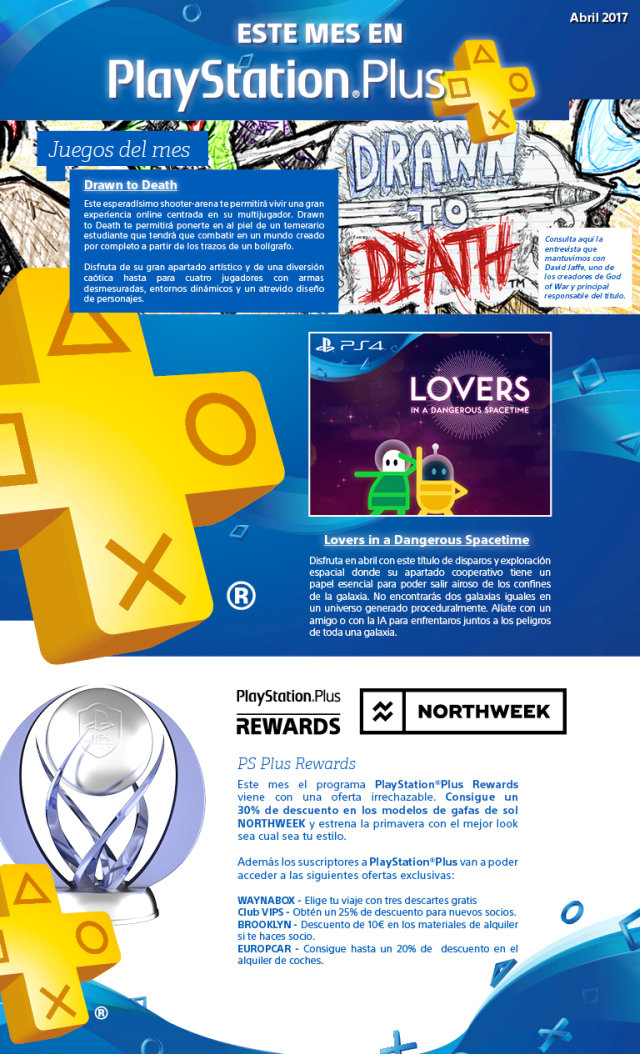 Este mes en PlayStation Plus gratis los juegos Drawn to Death y Lovers in a Dangerous Spacetime en Abril 2017