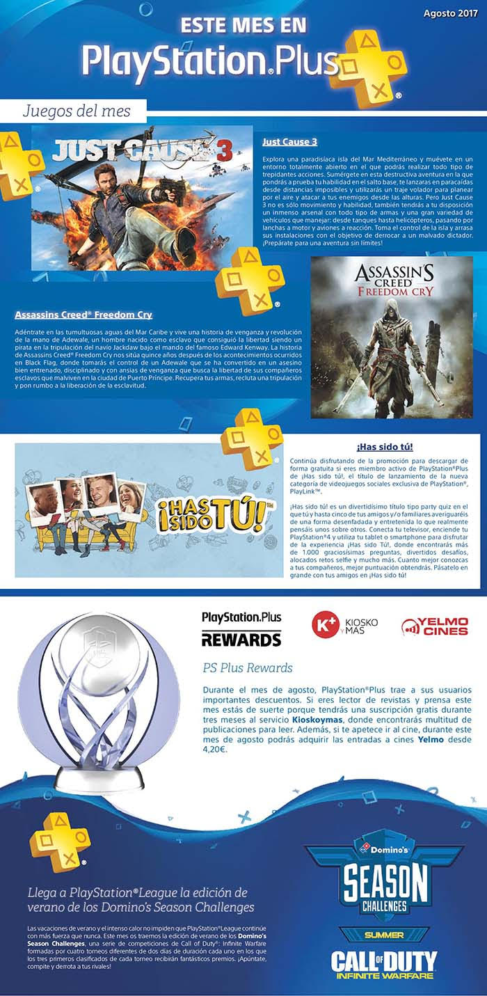 PlayStation Plus juegos gratis en Agosto 2017. Just Cause 3 y Assassins Creed Freedom Cry