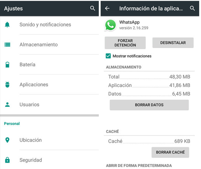 Borrar cache de whatsapp