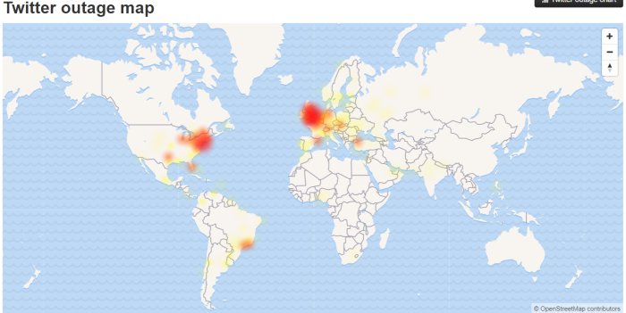 Twitter se ha caído durante la final de la Champions #UCLfinal. Imagen que señala con color los lugares donde se han registrado caídas del servicio - DOWNDETECTOR