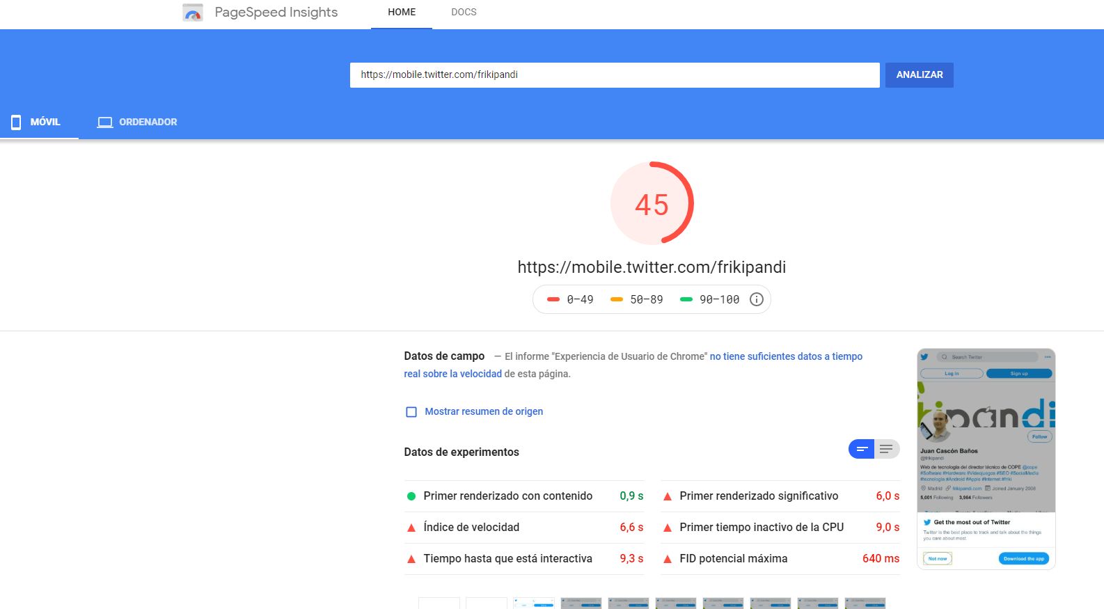 Nuevo diseño de Twitter en Google Page Speed