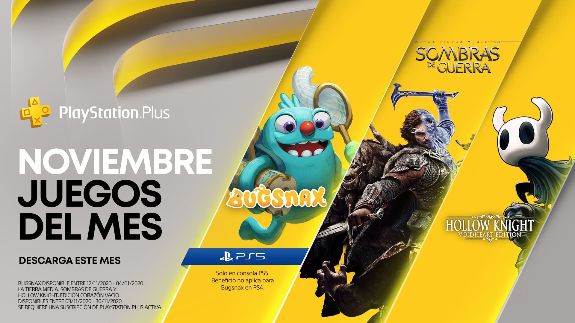 PlayStation Plus Collection + juegos gratis del mes de noviembre Tierra Media: Sombras de Guerra y Hollow Knight Edición Corazón Vacío