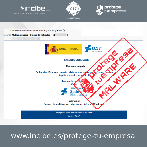 INCIBE se advierte de la campaña de envío de correos electrónicos fraudulentos que tratan de suplantar a la Dirección General de Tráfico (DGT)