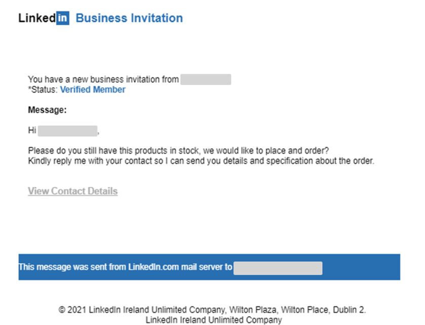 Figura 1: El email malicioso que se envió con el asunto  "Tienes una nueva invitación profesional de Linkedln de *****"