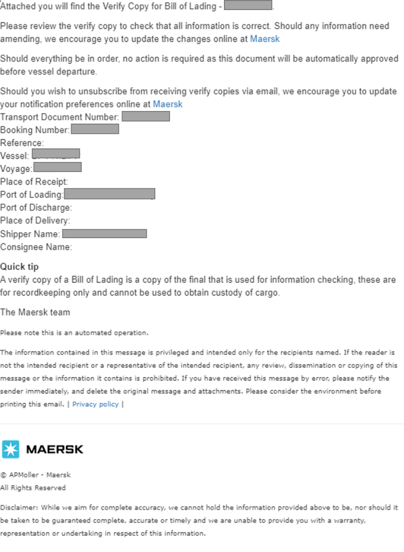 Figura 1: el email malicioso que se envió con el asunto “Maersk: verify Copy for Bill of Lading XXXXXXXXX ready for verification”