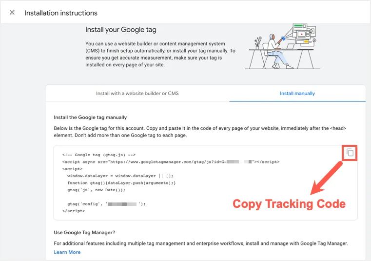 Copie el código de seguimiento de GA4