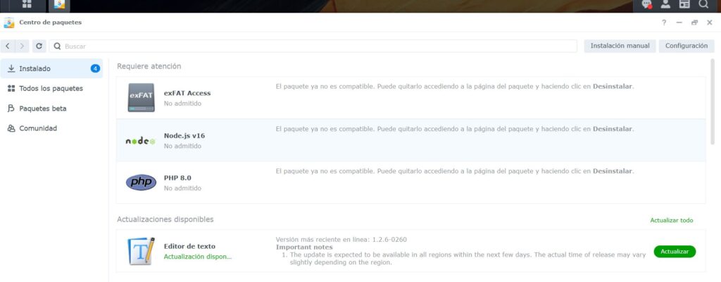 quitar paquetes incompatibles dsm 7.3 